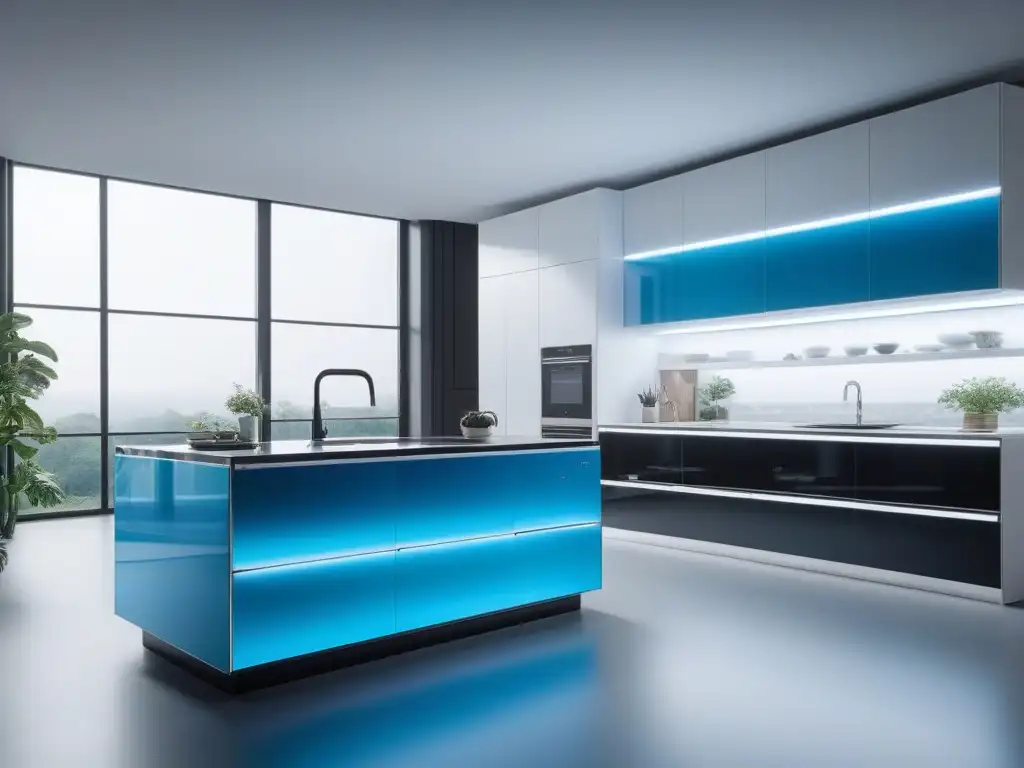 Smart kitchen de lujo: diseño futurista en 8k Vista detallada de cocina inteligente de alta gama con electrodomésticos conectados, diseño futurista y lujo minimalista en 8k