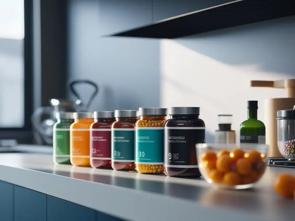 Suplementos saludables en cocina moderna Una vista detallada de un elegante mostrador de cocina con suplementos dietéticos para máxima eficacia organizados en envases minimalistas