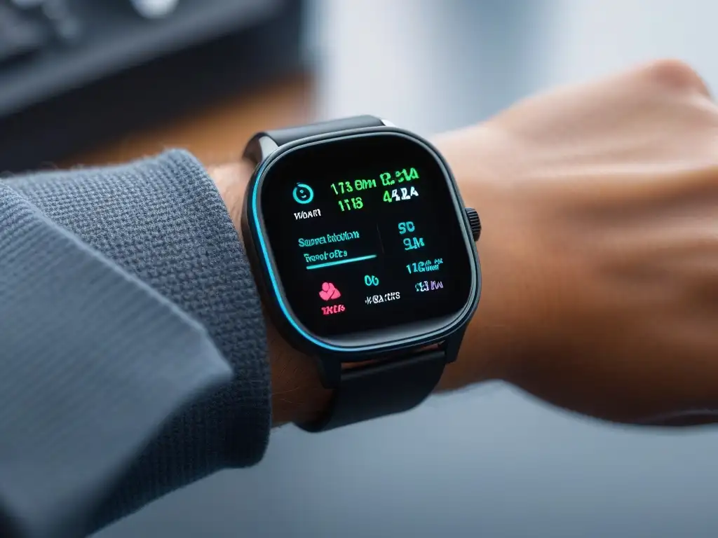 Smartwatch fitness: elegancia y tecnología avanzada en detalle Vista detallada de un elegante smartwatch en un gimnasio moderno, mostrando funciones de entrenamiento premium