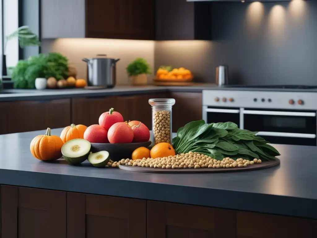Exquisita selección de alimentos ricos en zinc en cocina moderna Vista detallada de frutas y verduras frescas y coloridas ricas en zinc, resaltando la importancia de micronutrientes en la dieta fitness