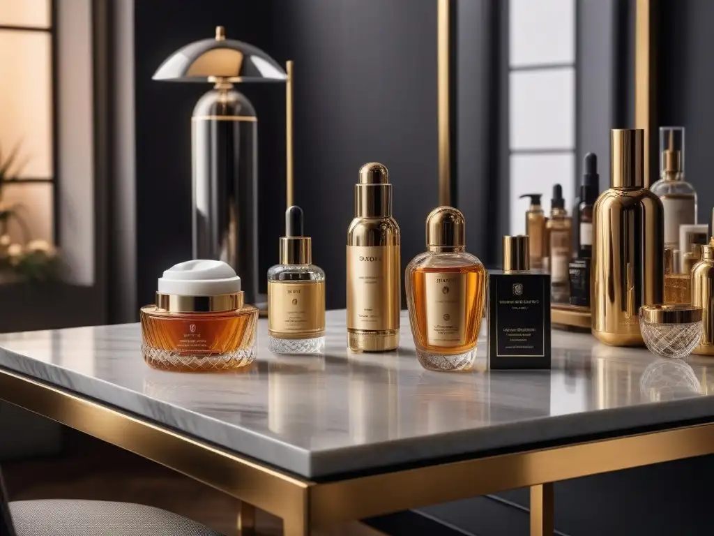 Vanity table lujoso con productos de belleza de alta gama Vista detallada de una lujosa mesa de tocador con productos de belleza de lujo, tendencias 2023
