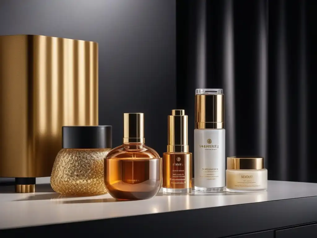 Vanity table de lujo: belleza premium y elegancia en cada detalle Vista detallada de una lujosa mesa de tocador con productos de belleza de lujo, en un ambiente elegante y sofisticado