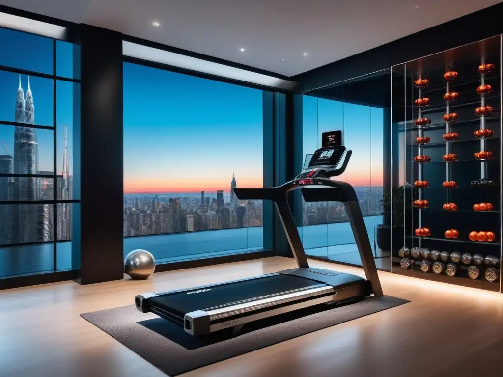 Gimnasio de lujo con equipamiento personalizado y tecnología avanzada Vista detallada de un lujoso gimnasio en casa con equipamiento fitness lujo hecho medida, iluminación ambiental y vista panorámica de la ciudad