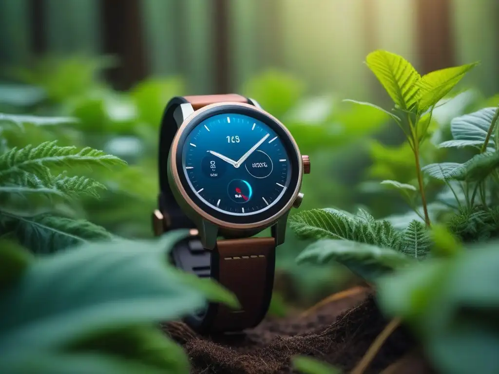 Smartwatch ecológico: diseño futurista en armonía con la naturaleza Vista detallada de un smartwatch ecológico y futurista en un entorno de vegetación exuberante