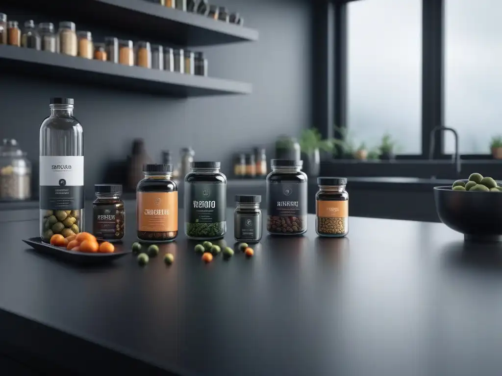 Suplementos de salud en cocina moderna Vista detallada de suplementos organizados en elegante cocina