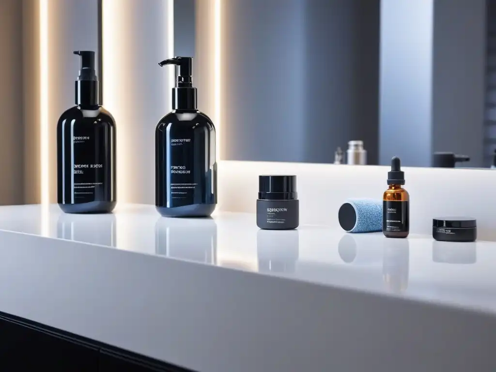Productos de cuidado masculino de lujo en un elegante tocador de baño Vista detallada de un tocador moderno con tratamientos de belleza para hombres modernos, creando una atmósfera exclusiva y sofisticada