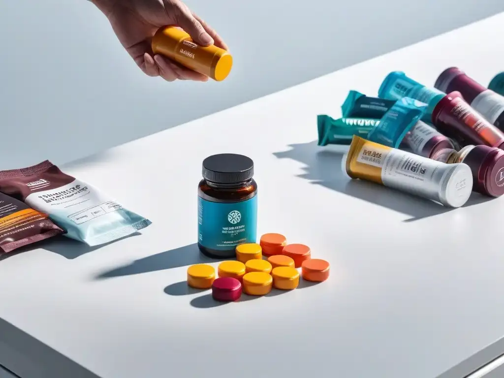 Suplementos fitness: variedad colorida y moderna Una vista dinámica de los mejores suplementos para rutina fitness, organizados en una mesa blanca con diseño moderno y colorido
