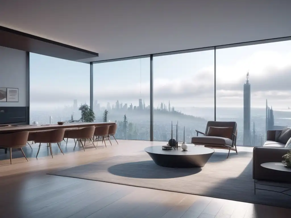 Salón futurista de lujo con tecnología de vanguardia y diseño minimalista Vista futurista de sala de estar de lujo con gadgets de automatización integrados, beneficios gadgets lujo automatización hogar