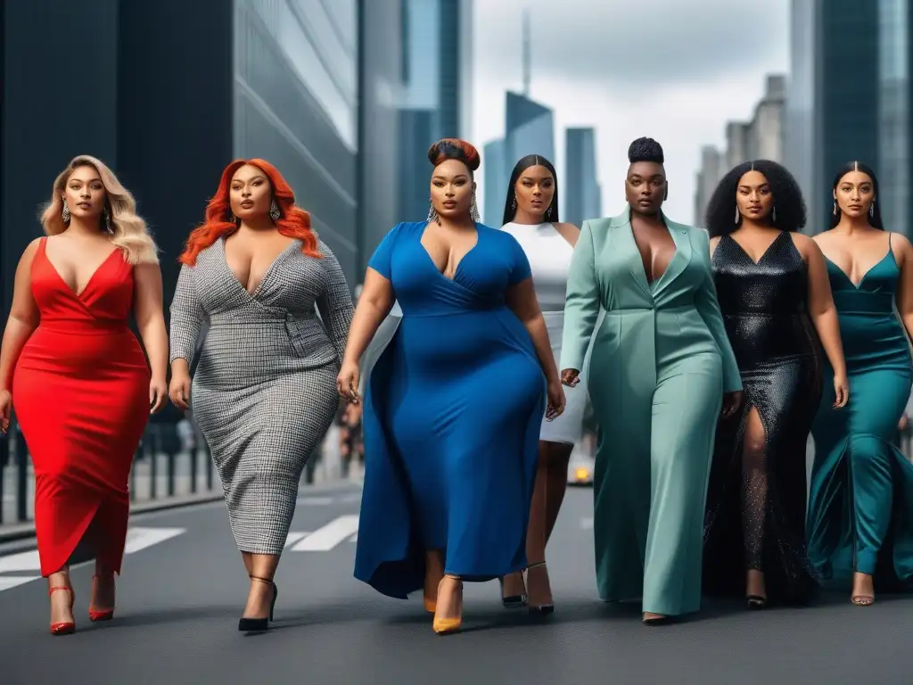 Moda plus size: empoderamiento urbano de diversidad Una vista inspiradora de modelos plus size seguras, diversas y elegantes en la ciudad