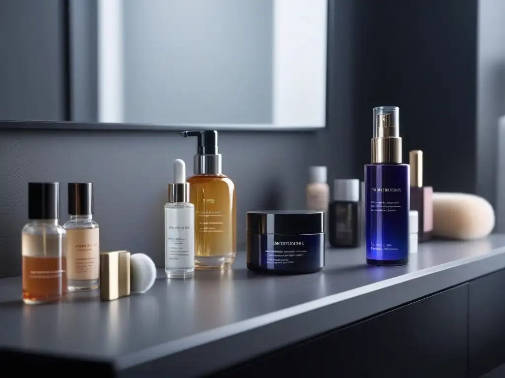 Rutina de belleza de lujo: productos premium organizados Vista de lujo de productos de belleza de alta gama combinados en un elegante mostrador de baño