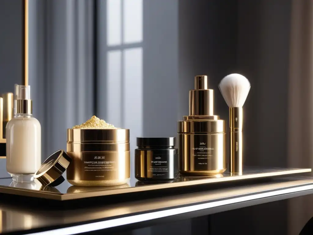 Vanity table de lujo con productos de belleza premium Vista lujosa de una mesa de tocador minimalista con productos de belleza de lujo, iluminada por luz natural