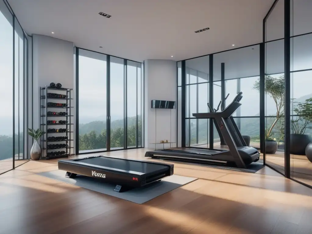 Espacio fitness de lujo: diseño elegante y funcional Vista de un lujoso diseño de gimnasio en casa con equipamiento de lujo