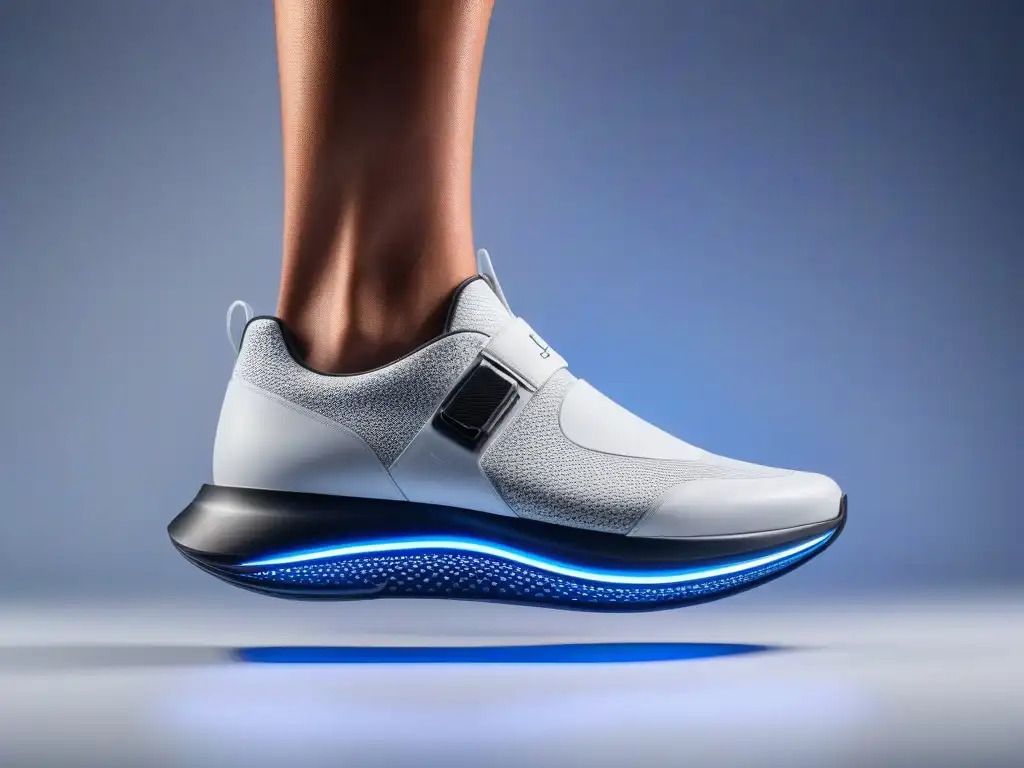 Zapatos adaptativos futuristas de alta tecnología Un vistazo detallado a unos zapatos adaptativos futuristas, con mecanismos avanzados para brindar comodidad y soporte óptimos
