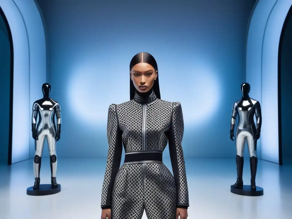 Exposición futurista de moda andrógina en museo vanguardista Un vistazo futurista a una exposición de moda desafiando géneros en un museo de vanguardia