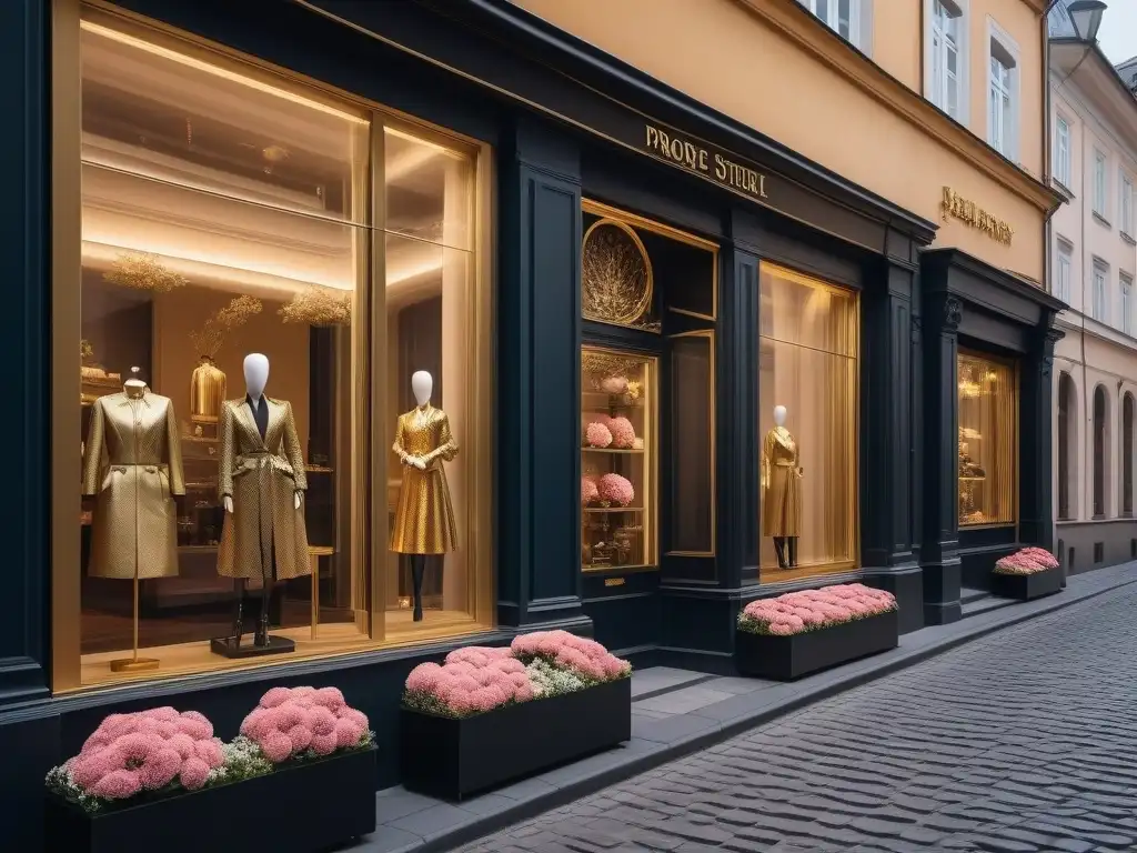 Tienda boutique de lujo en Praga con moda inclusiva y elegante Vitrina de boutique en Praga con moda inclusiva y lujo, reflejando encanto histórico en ventanas impecables