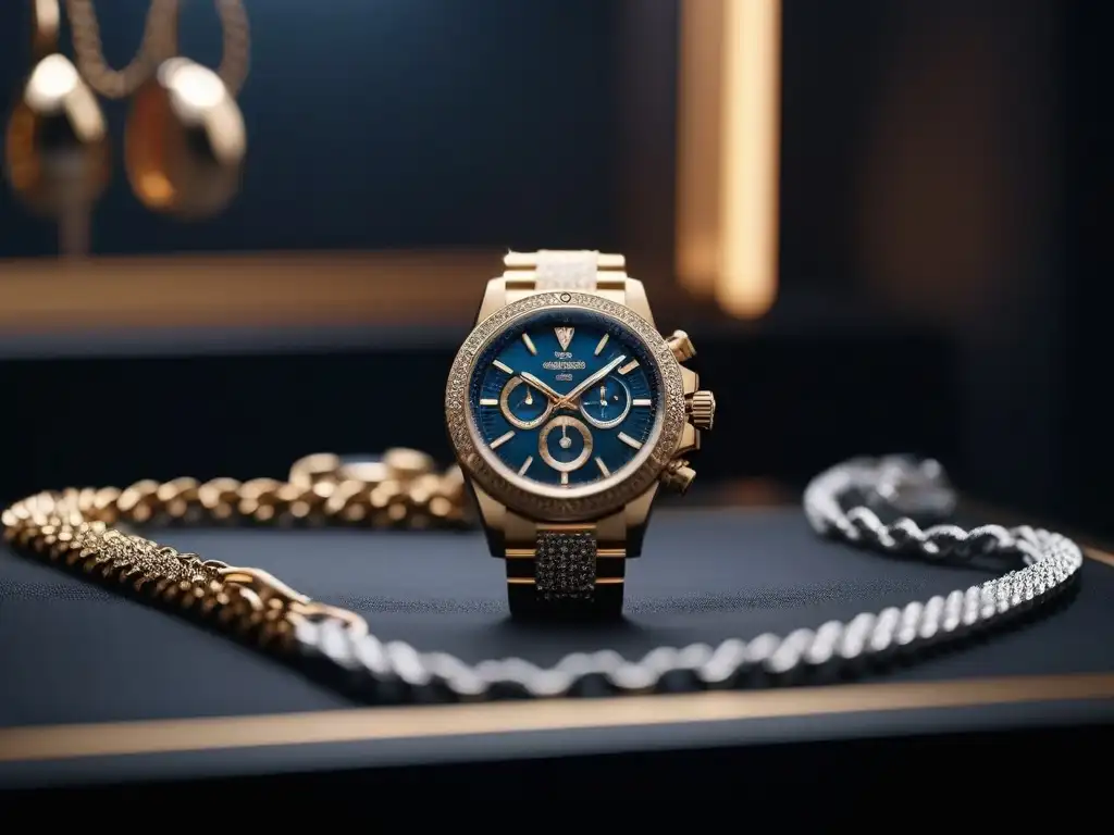 Vitrina de lujo con accesorios de alta gama: relojes, pulseras y collares Una vitrina elegante con accesorios de lujo resaltando su exquisitez y opulencia