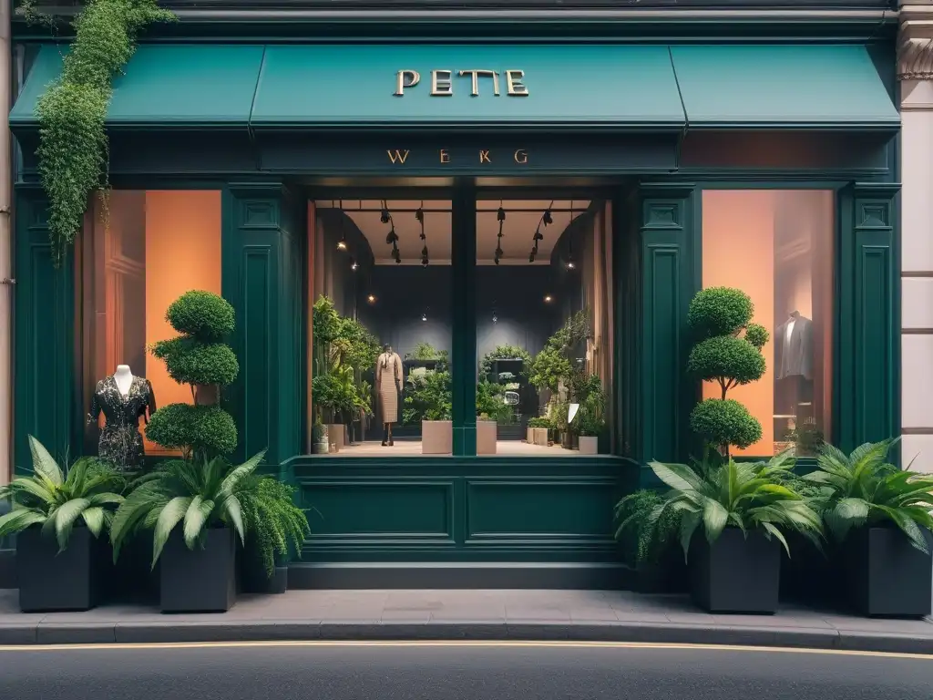 Tienda de moda petite: elegancia y estilo en un escaparate moderno Vitrina elegante de boutique de moda petite, con maniquíes en outfits trendy rodeados de plantas, cartel chic