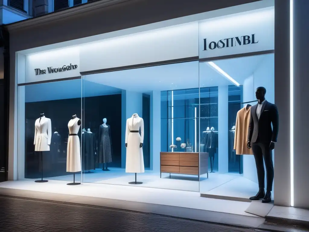 Tienda de moda exclusiva: lujo y sofisticación en escaparate Vitrina de marca de moda exclusiva con clientes sofisticados y prendas vanguardistas