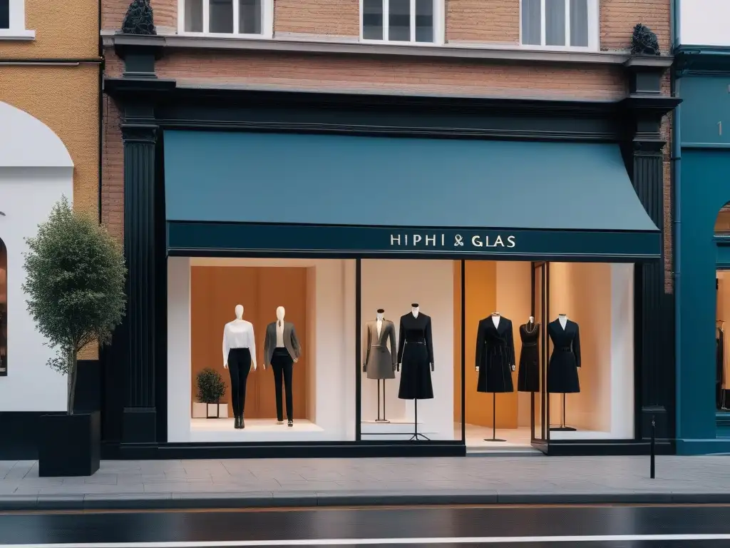 Vitrina de moda: escaparate minimalista y sofisticado al atardecer Vitrina minimalista de marca de moda con maniquí trendy