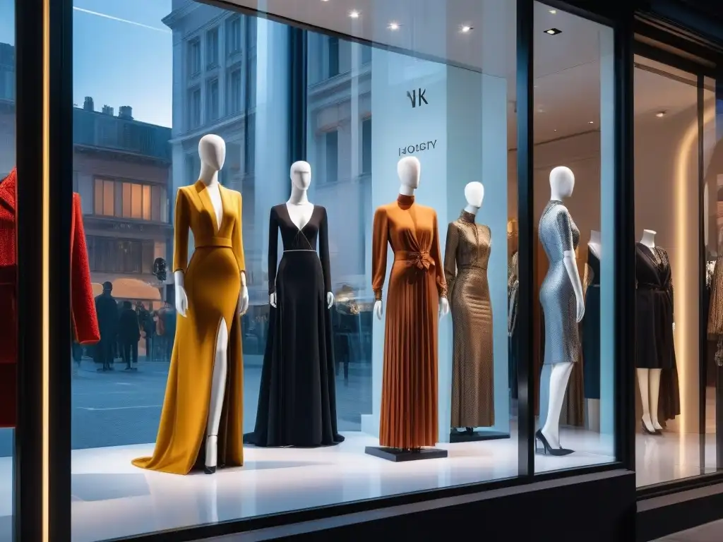 Vitrina de moda inclusiva: lujo y diversidad en la ciudad Vitrina moderna de marca de moda de lujo con diseño inclusivo y diverso, iluminada en calle urbana