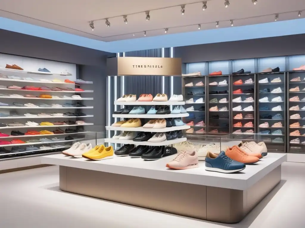 Zapatos de embarazo: moda y comodidad para futuras mamás Vitrina moderna con zapatos seguros para embarazadas en tonos suaves y neutros, creando una atmósfera chic y acogedora para comprar