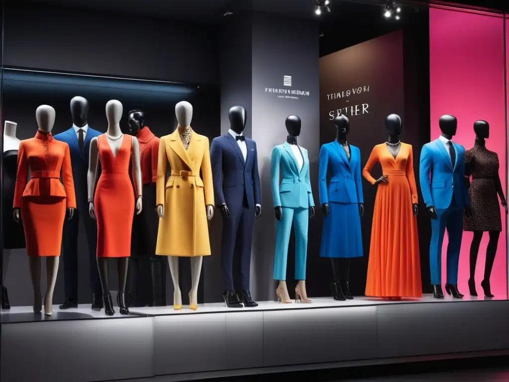 Vitrina de moda inclusiva: maniquíes diversos en escaparate de lujo Vitrina de tienda de moda inclusiva con maniquíes diversos luciendo estilos únicos