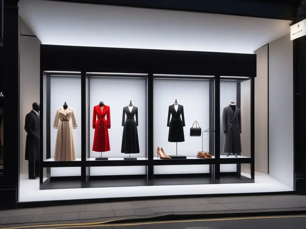 Vitrina de lujo: escaparate minimalista de moda con productos exclusivos Vitrina de tienda de moda con presentación de productos de moda de lujo en ambiente sofisticado y aspiracional