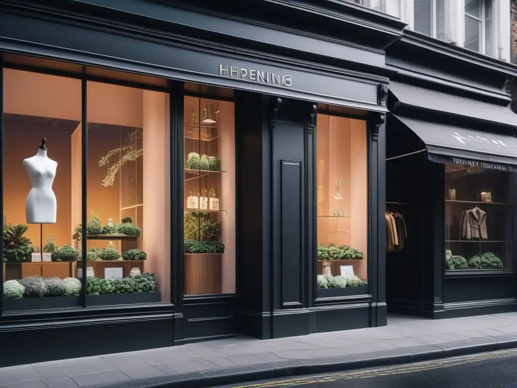 Vegano chic: escaparate urbano de moda ética y sostenible Vitrina urbana con moda ética, certificaciones y prendas veganas en maniquíes elegantes