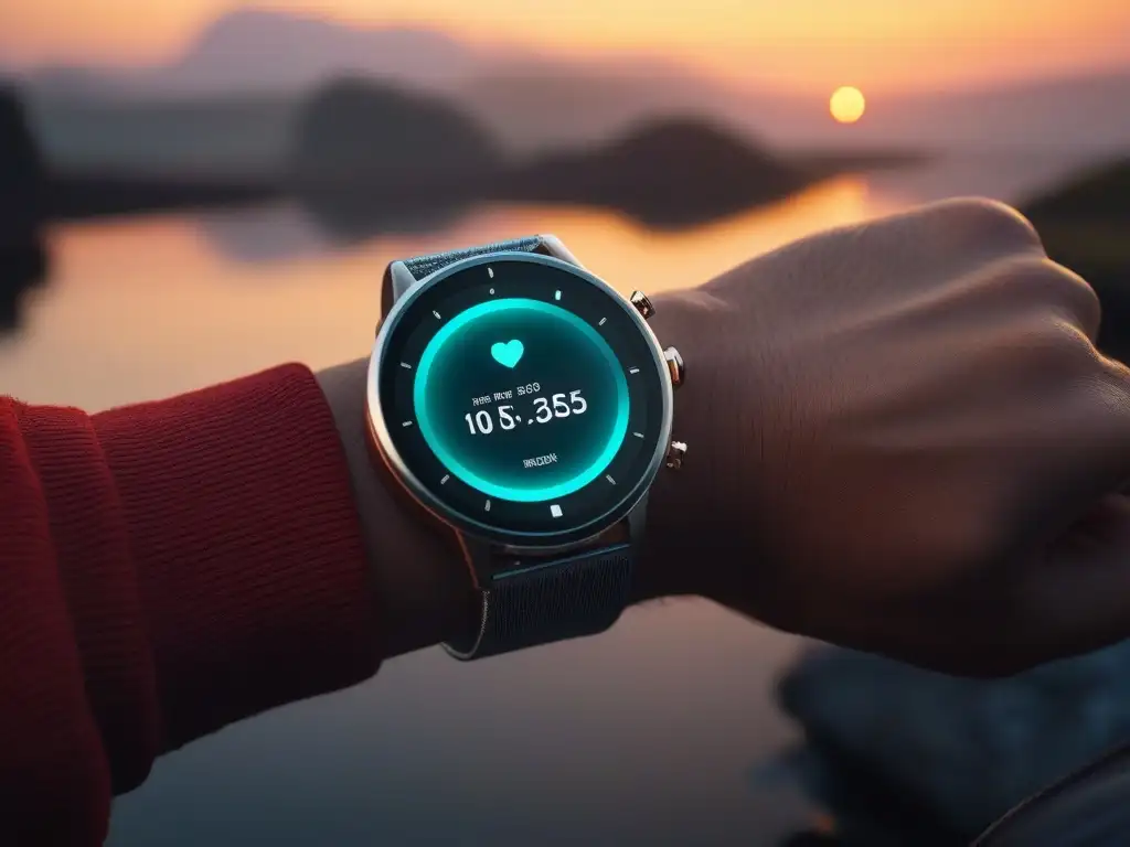 Smartwatch futurista con pantalla vibrante y saludable Wearable futurista con pantalla vibrante mostrando métricas de salud, frente a un amanecer tranquilo en un lago