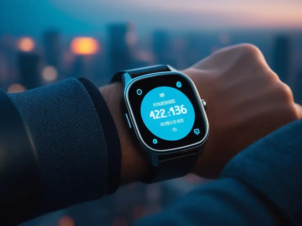 Smartwatch futurista con seguridad avanzada en ciudad nocturna Wearable premium conectado: reloj inteligente moderno con seguridad avanzada, en una ciudad futurista al anochecer