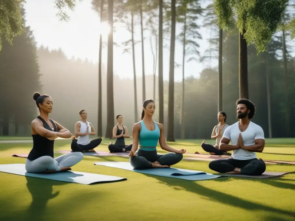 Yoga matutino en el parque: armonía y comunidad Práctica de yoga en parque con diversidad de personas y guía serena