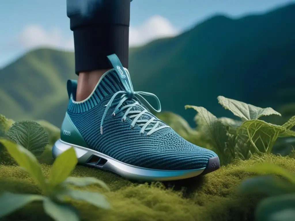 Zapato deportivo futurista eco-friendly: tecnología y estilo sostenible Zapatilla deportiva futurista de materiales reciclados en medio de la naturaleza