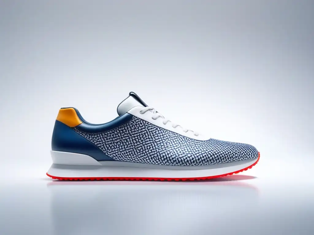Sneaker futurista de diseño innovador en fondo blanco Zapatilla futurista con patrones intrincados y colores vibrantes sobre fondo blanco