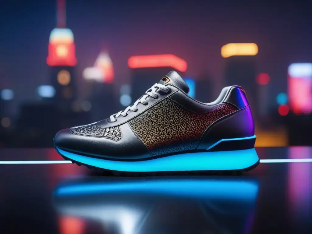 Sneaker futurista: fusión deportiva y moda urbana Zapatilla futurista con patrones vibrantes, reflejando la fusión de moda y deporte en la ciudad de noche