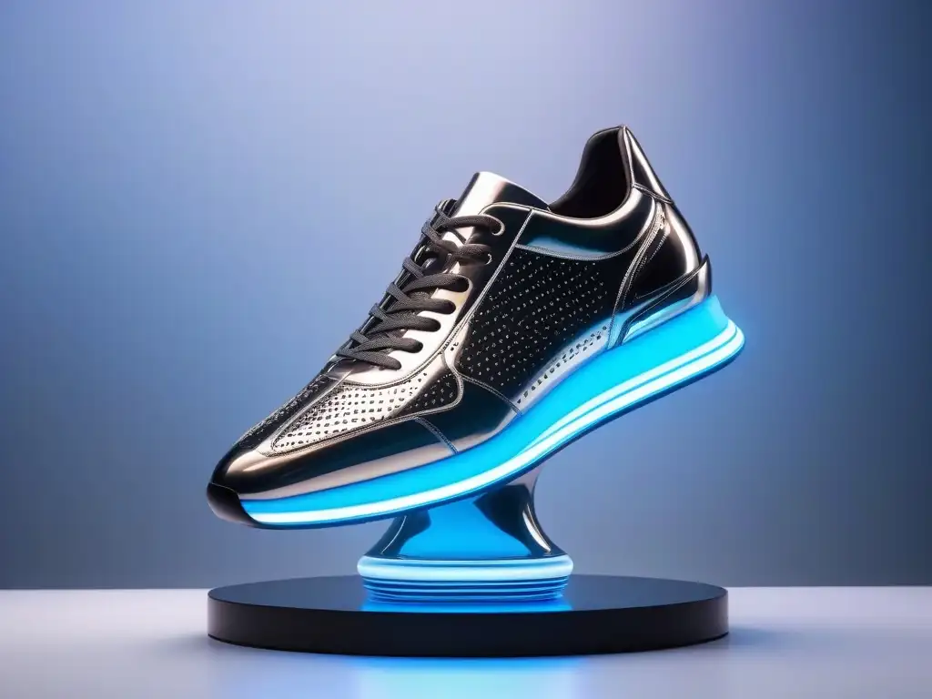 Zapato de moda futurista con detalles metálicos y luces LED Una zapatilla de moda futurista con detalles metálicos, luces LED y pantalla holográfica, sobre un pedestal brillante, bajo iluminación dramática