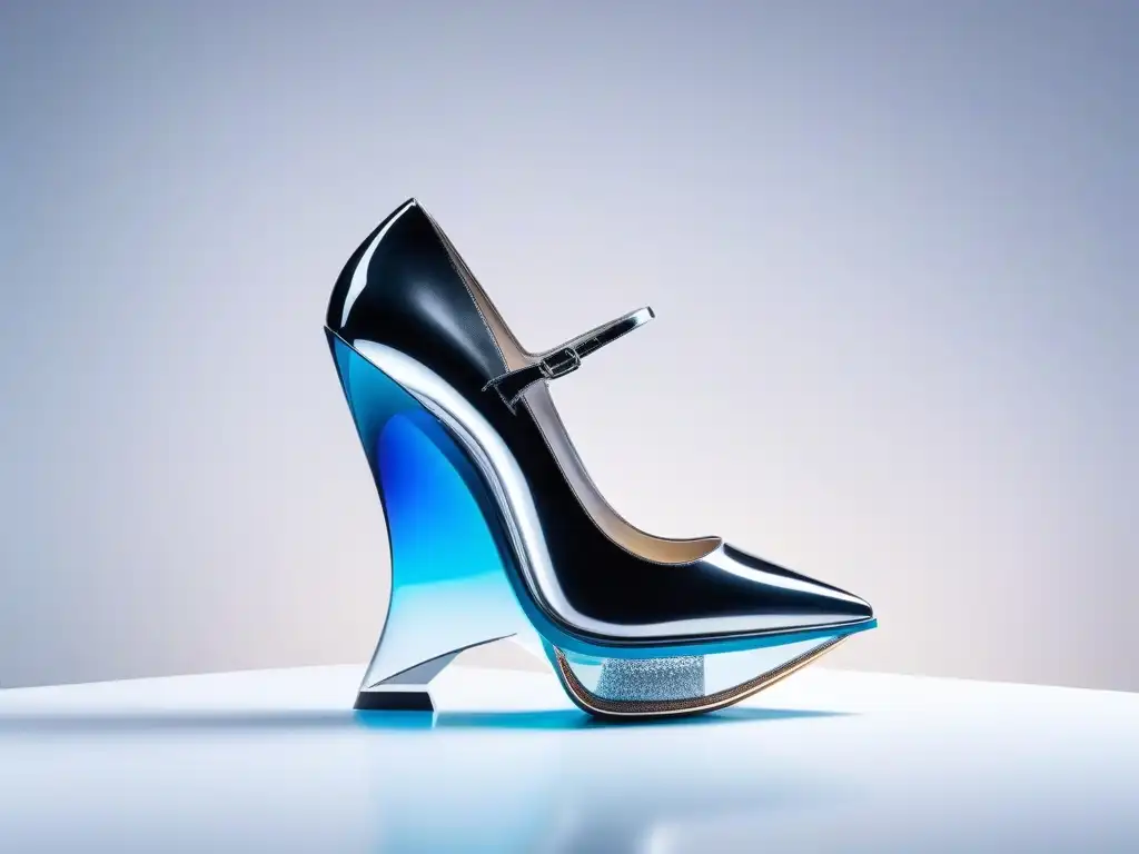 Zapato de diseñador futurista con detalles metálicos y tacón escultural Un zapato de diseño futurista y elegante con detalles metálicos, materiales transparentes e innovador diseño de tacón
