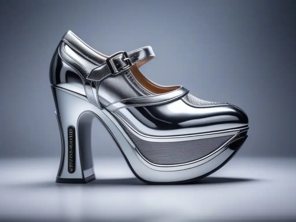 Zapato de tacón futurista plateado ultradetallado con tecnología ergonómica Zapato de moda futurista plateado con tecnología avanzada para todos los pies