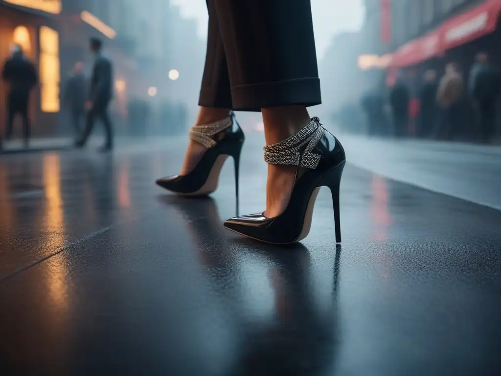 Zapatos de tacón alto modernos en tono neutro: elegancia urbana Zapatos de alta calidad para altos: modernos tacones neutros con detalles elegantes, sobre fondo urbano