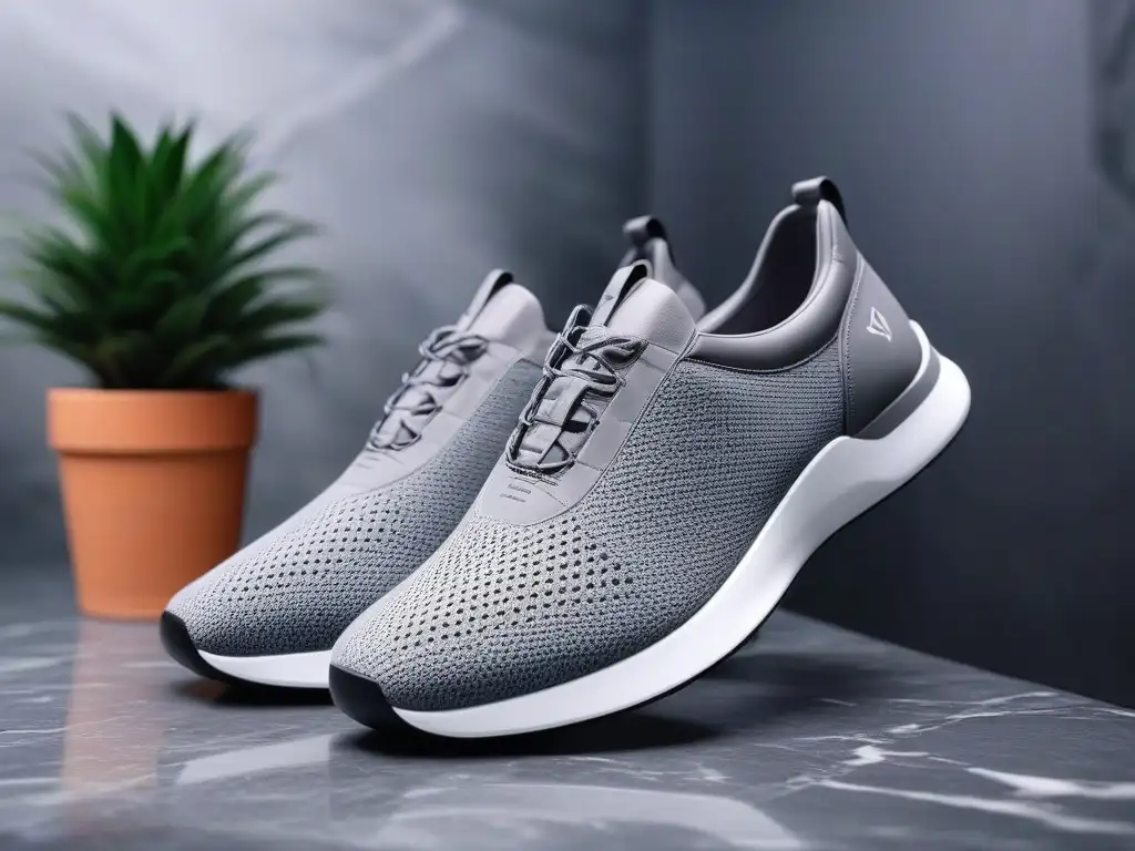 Zapatillas slip-on para embarazadas: comodidad y estilo moderno en gris Zapatos cómodos para embarazadas: unos modernos y elegantes slipon en tono gris con detalles pastel, sobre una encimera de mármol