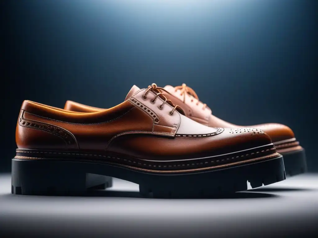 Zapatos sostenibles: detalle y estilo en talla grande Zapatos sostenibles para tallas especiales: Detalle de zapatos de alta calidad con diseño moderno y costura intrincada en fondo minimalista iluminado